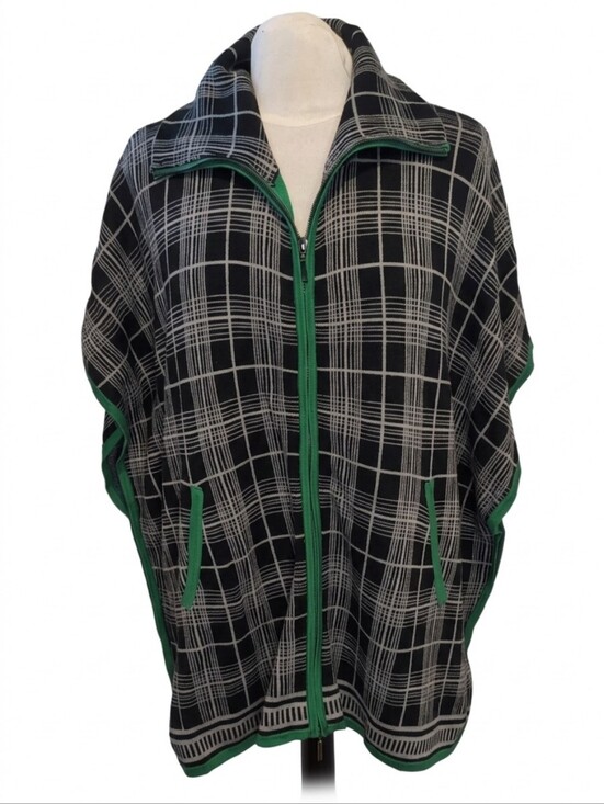 Lyse Spenard Jackets & Blazers - Lyse Spenard Black Plaid Zip-Front Cape Poncho Jacket with Green Trim Large / XL